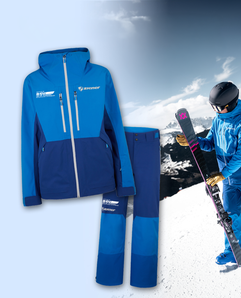 Abbildung von einer Skihose und einer SKijacke plus eine Stehende Person mit SKiklamotten und ski im Hintergrund