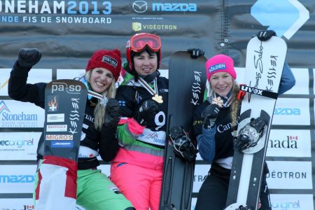 2013 FIS Snowboard World Championships - Parallel Slalom - Women's Podium - f.l.t.r.: 2nd Patrizia Kummer (SUI), 1st Ekaterina Tudegesheva (RUS), 3rd Amelie Kober (GER) (c) Oliver Kraus