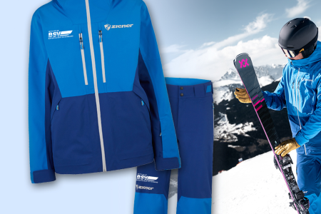 Abbildung von einer Skihose und einer SKijacke plus eine Stehende Person mit SKiklamotten und ski im Hintergrund