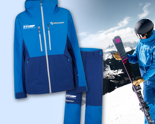 Abbildung von einer Skihose und einer SKijacke plus eine Stehende Person mit SKiklamotten und ski im Hintergrund