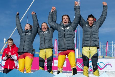 Lilith Kuhnert GER, Nina Walderbach GER, Sebastian Veit GER and Niels Conradt GER celebrate their Bronze medals at the Mascot Ceremony for the Team Ski-Snowboard Cross at Vallee de Joux Cross-Country Centre. The Winter Youth Olympic Games, Lausanne, Switzerland, Tuesday 21 January 2020. Photo: OIS/Ben Queenborough. Handout image supplied by OIS/IOC.