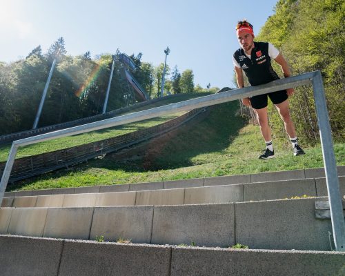 OBERSTDORF, GERMANY - APRIL 23: German Olympic nordic combined gold medalist Johannes Rydzek trains on April 23, 2020 in Oberstdorf, Germany. Rydzek, six-time world champion, trains at home due to the ongoing Coronavirus crisis. (Photo by Matthias Hangst/Bongarts/Getty Images)