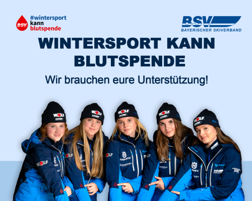 5 M&auml;dels stehen in winterjacken in einem halbkreis. Der Hintergrund ist einfarbig blau